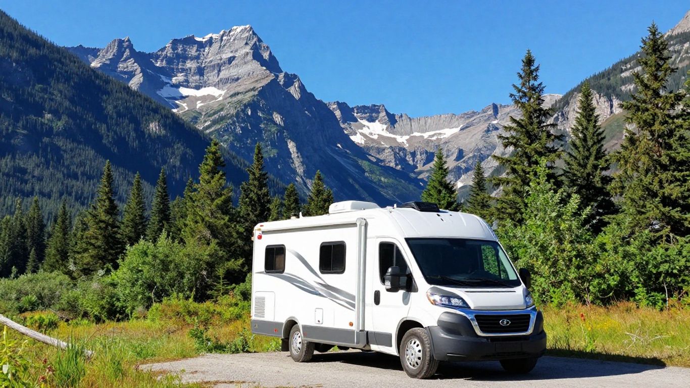 RV parked in scenic Canadian mountains under blue sky.