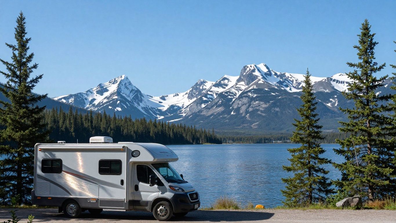 Motorhome by a lake in Canadian mountains.