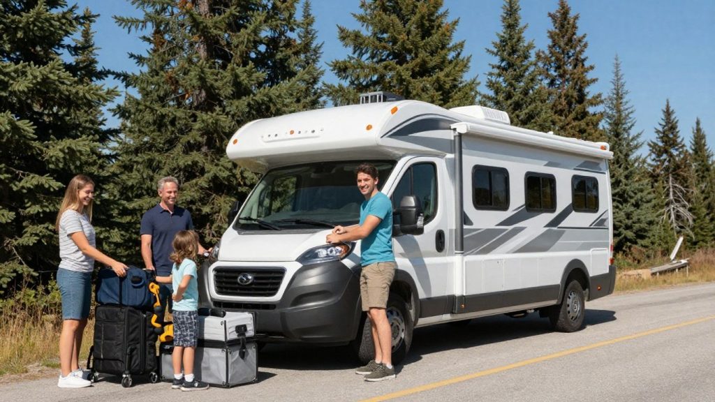 Family loading RV for Canadian road trip.
