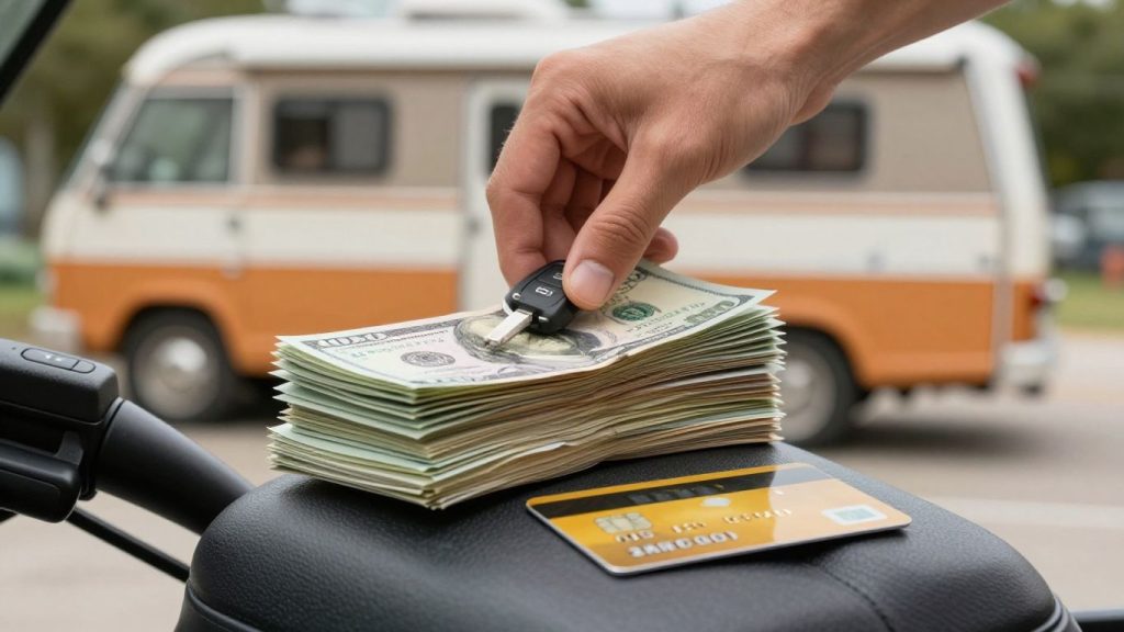 Motorhome key with cash and credit card for rental deposit.