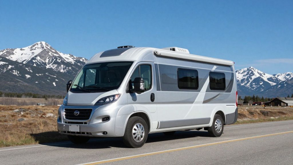 Motorhome parked with Canadian mountains backdrop.