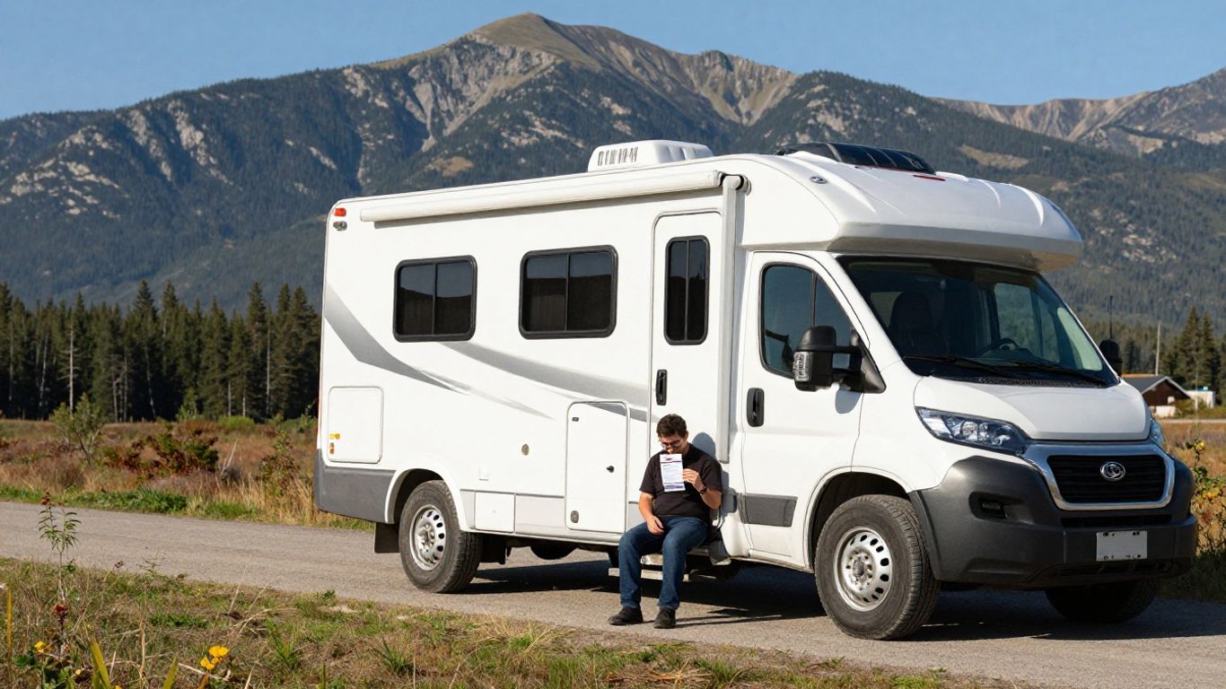 Canadian RV parked with mountains and a person nearby.