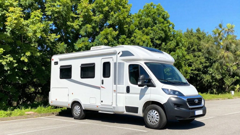 RV parked on scenic roadside under blue sky.