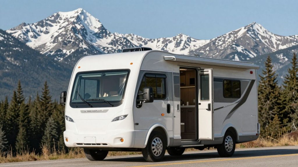 Motorhome parked in scenic Canadian mountains.
