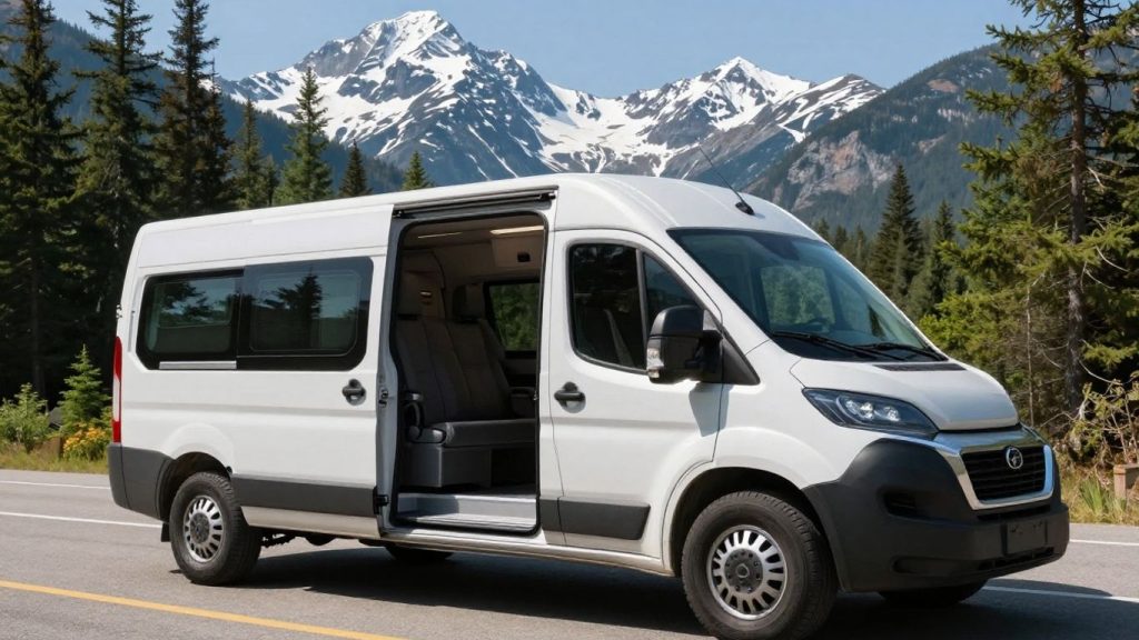 Campervan parked in scenic Canadian mountains.