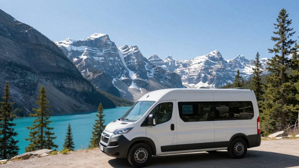 Campervan parked with Canadian Rockies scenery.