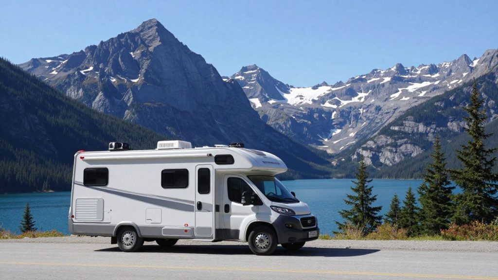 RV parked with scenic Canadian mountains and lake view.