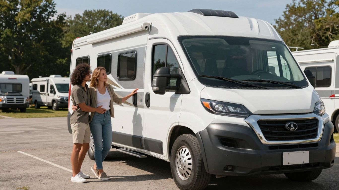Couple looking at an RV for rent.