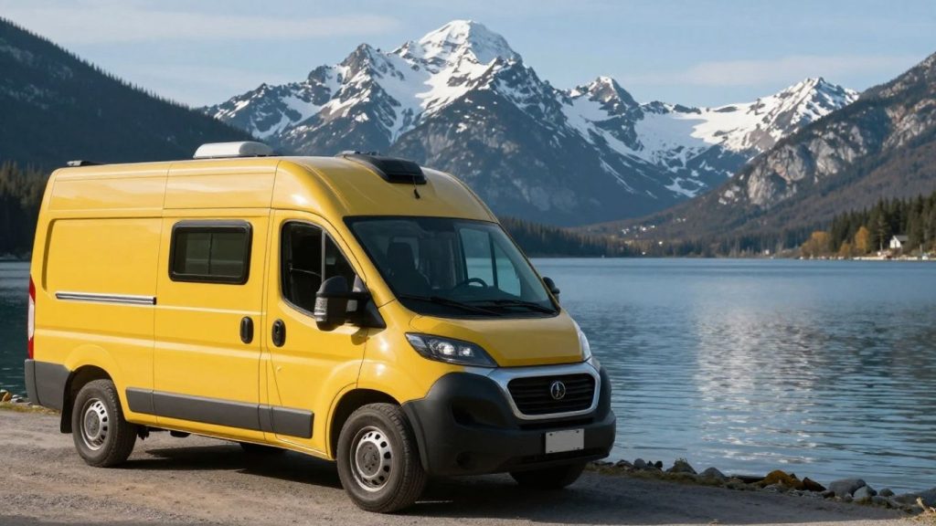 Campervan parked by a lake in Canada.