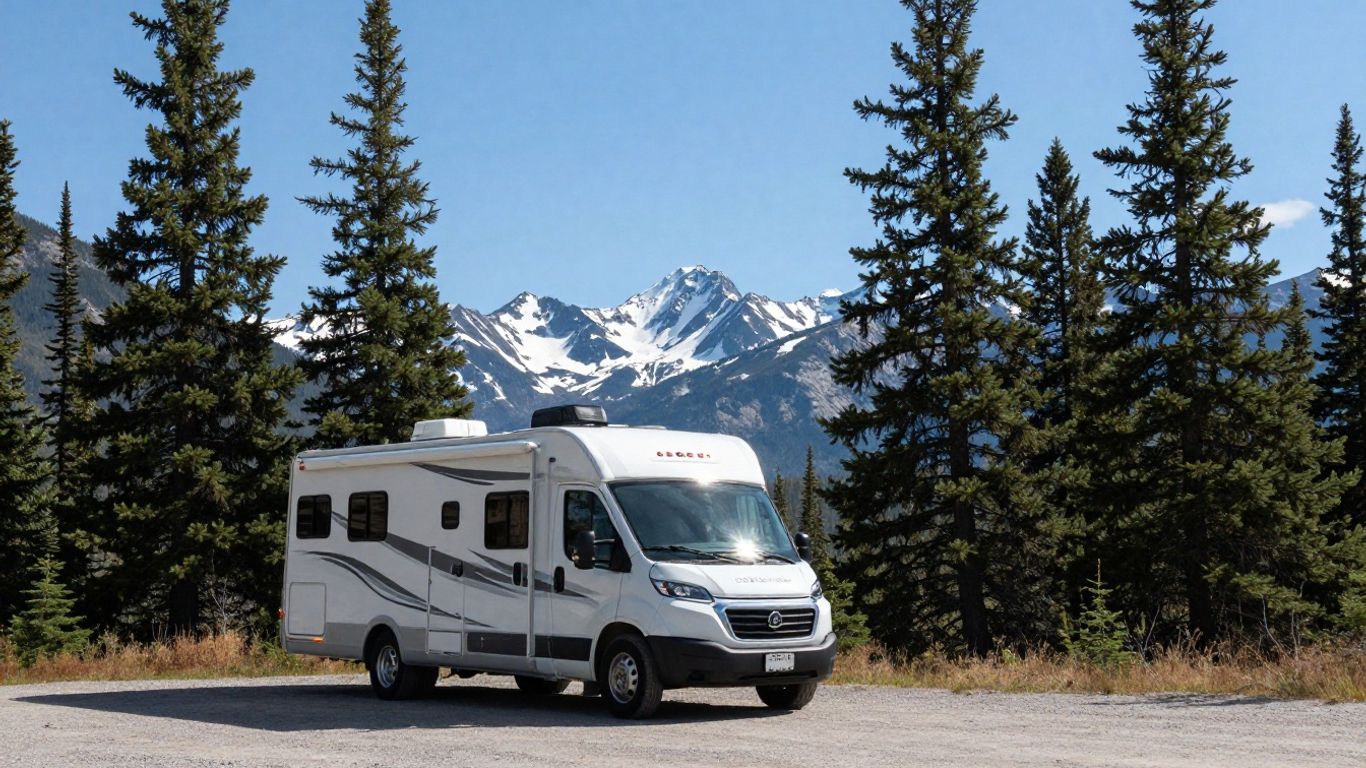 RV parked in scenic Canadian mountains with pine trees.