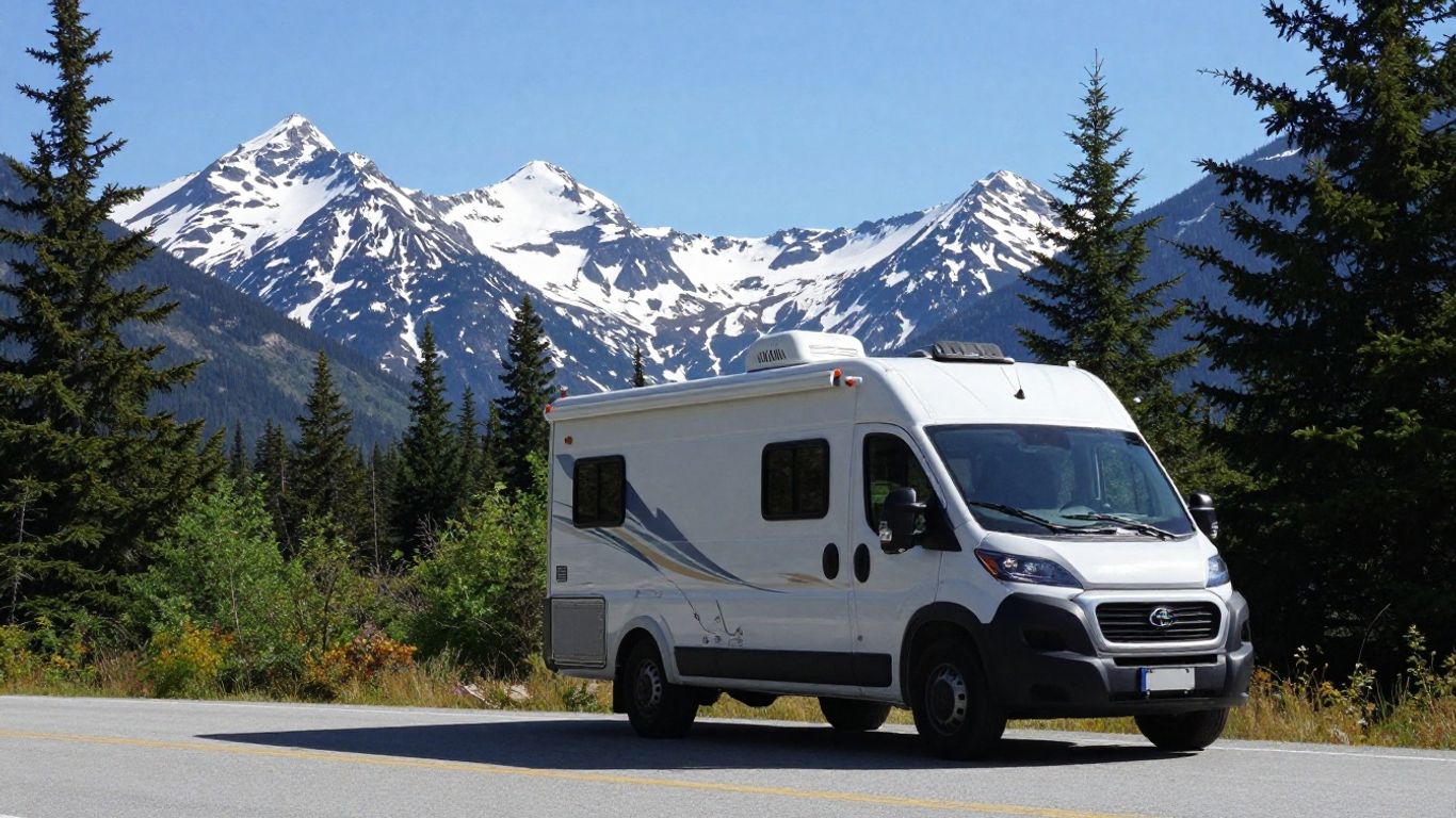 Motorhome on scenic Canadian roadside with mountains.