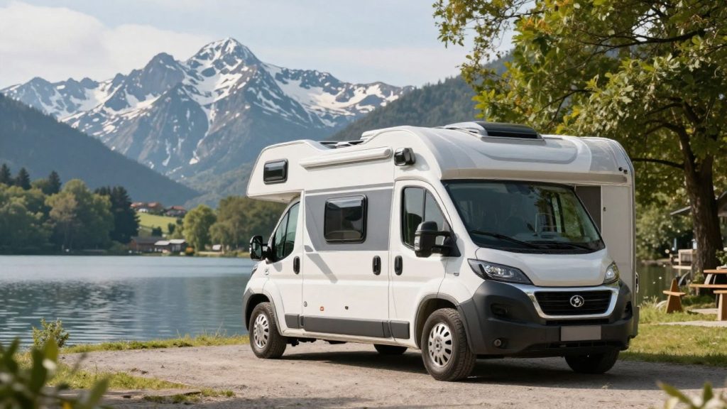 Motorhome parked by a lake with mountains.