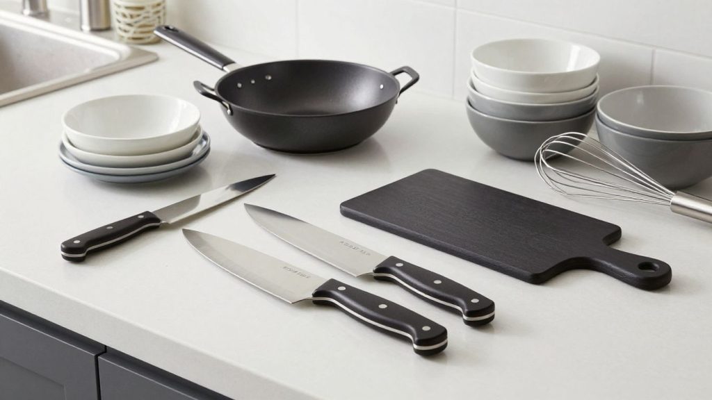 Essential kitchen tools and cookware neatly arranged.