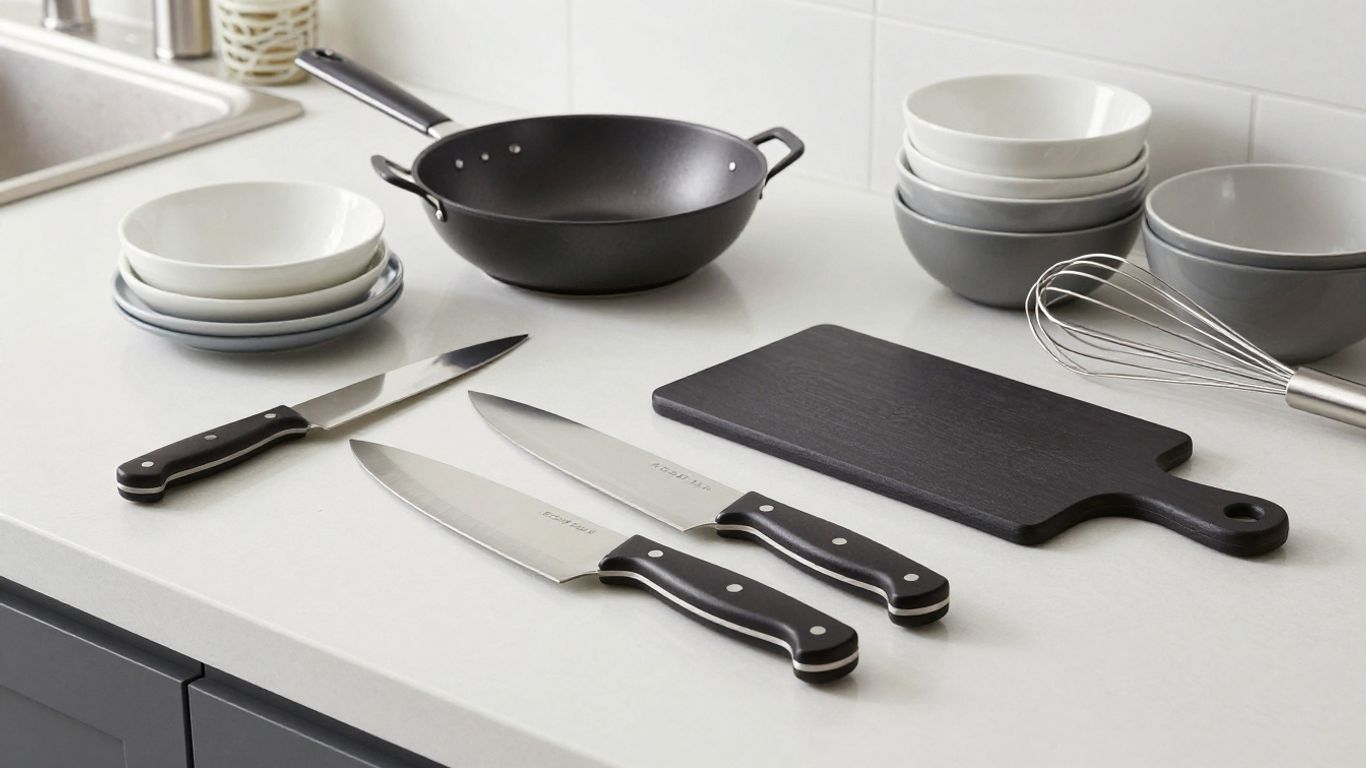 Essential kitchen tools and cookware neatly arranged.