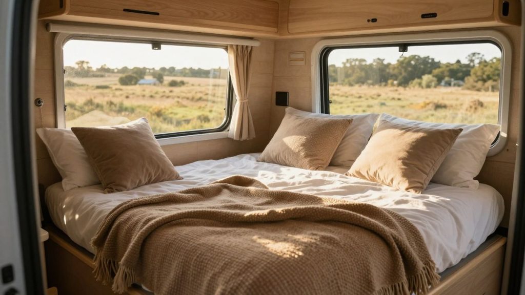 Campervan interior with made beds and pillows