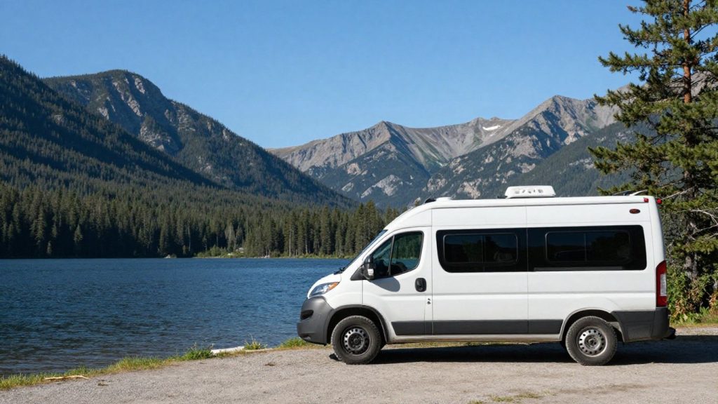 Motorhome parked by a lake in Canada.