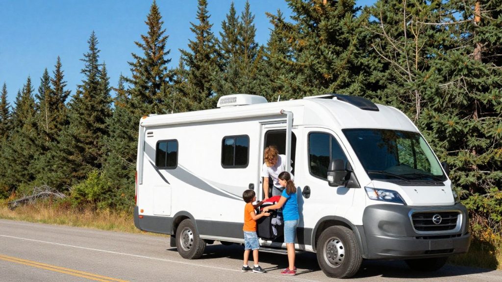 Family loading RV for Canadian road trip.