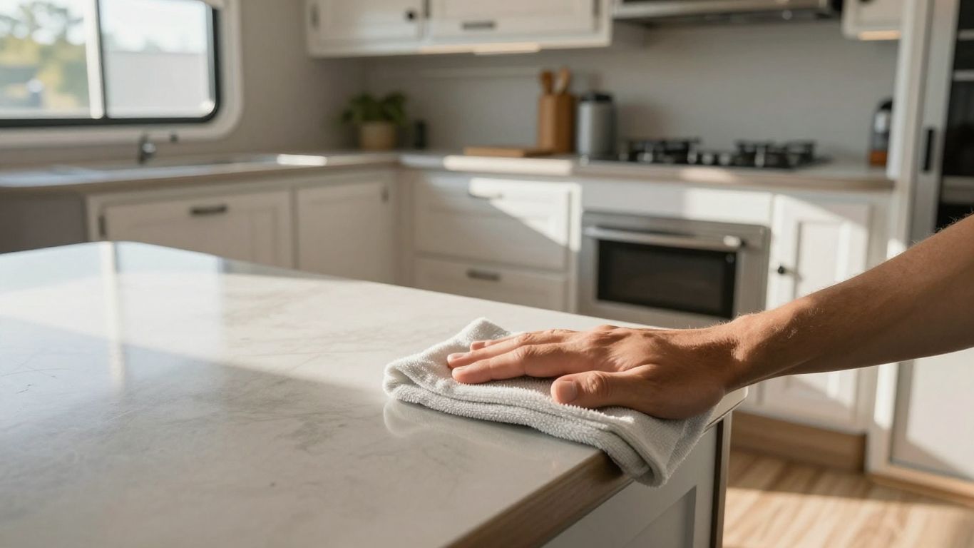 Clean RV interior with sunlight and a hand wiping a counter.