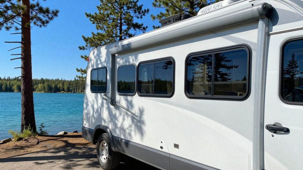 RV parked by a lake in Canada
