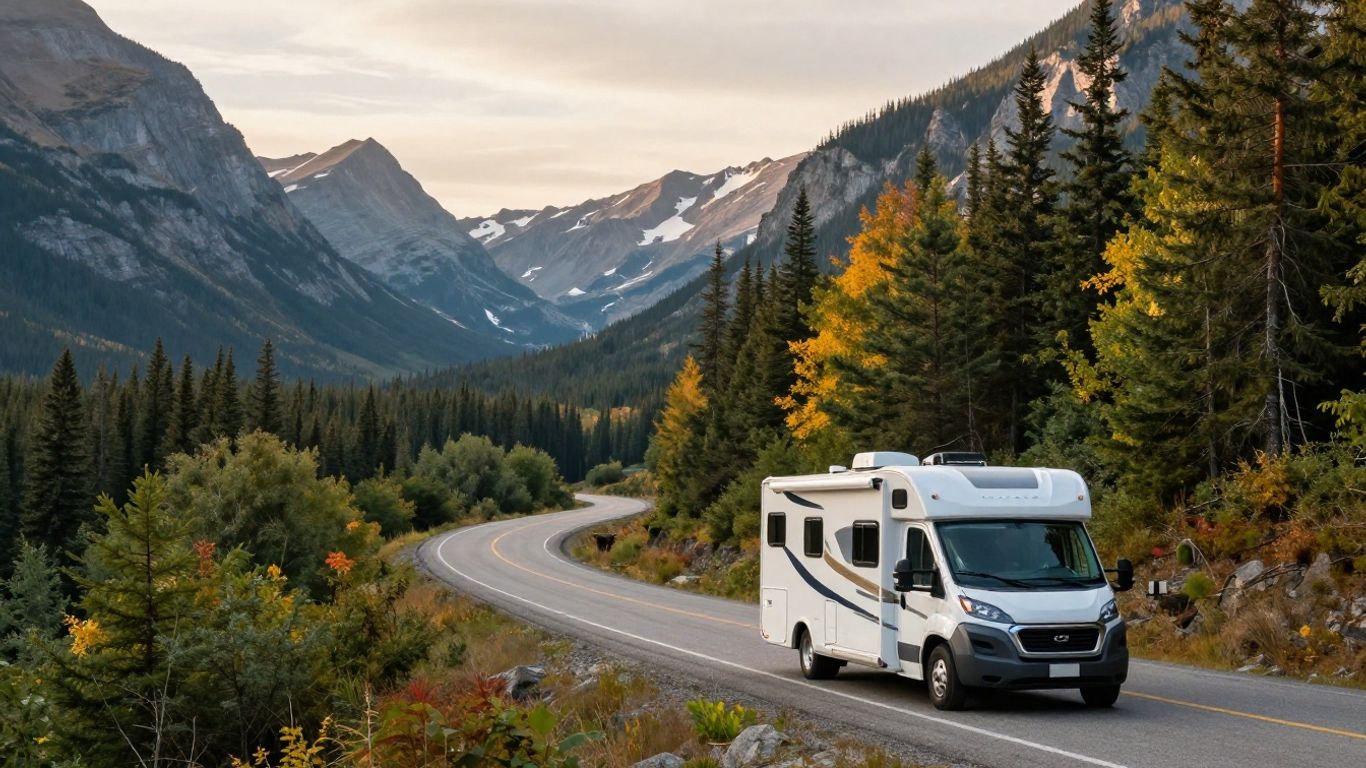 RV driving on a scenic highway in Canada.