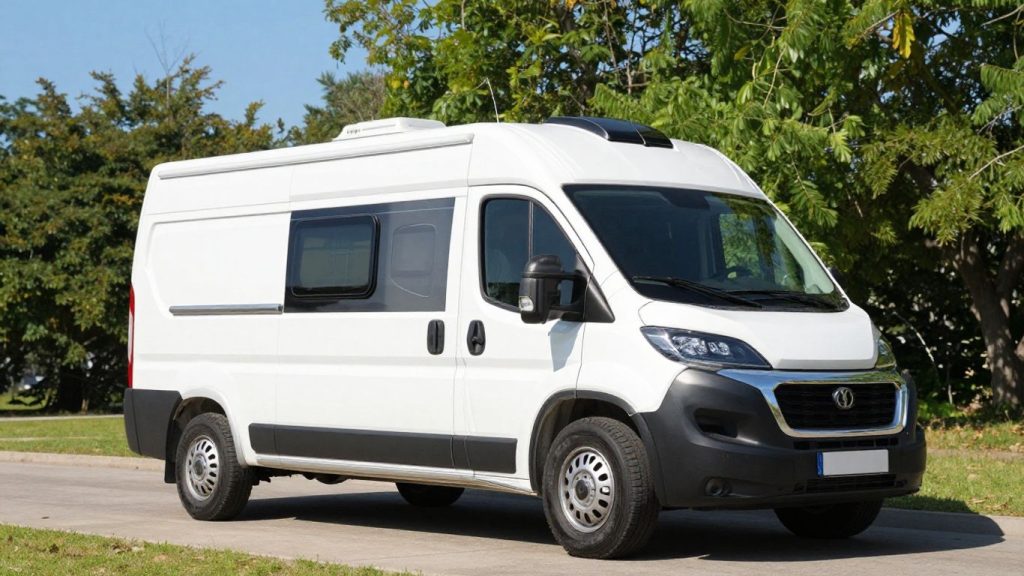 Modern RV parked outdoors with trees and sky.
