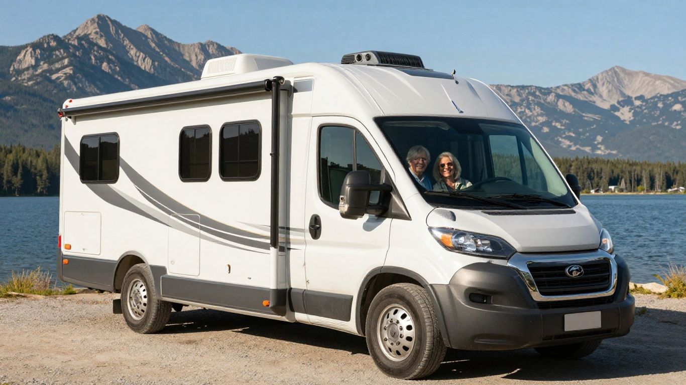 Senior couple in RV, Canadian lake scenery.