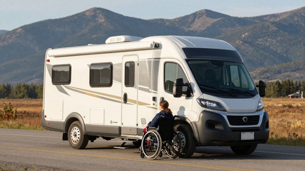 Accessible motorhome in scenic Canadian mountains.