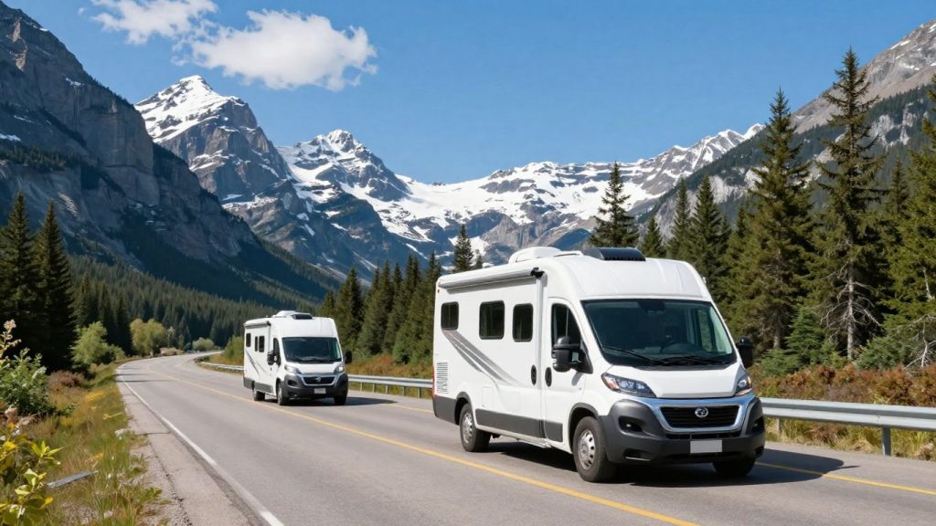 Motorhome driving on a scenic Canadian highway.