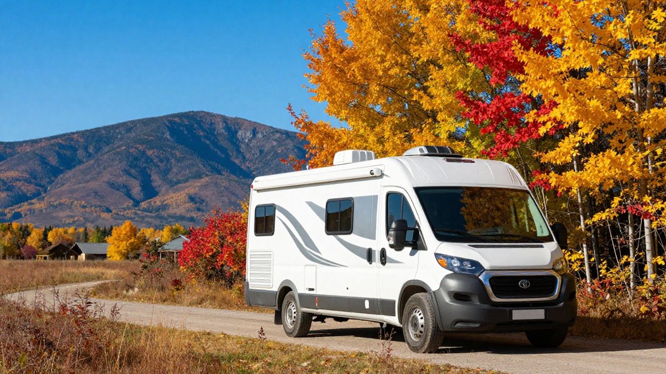 RV parked in colorful Canadian autumn landscape.
