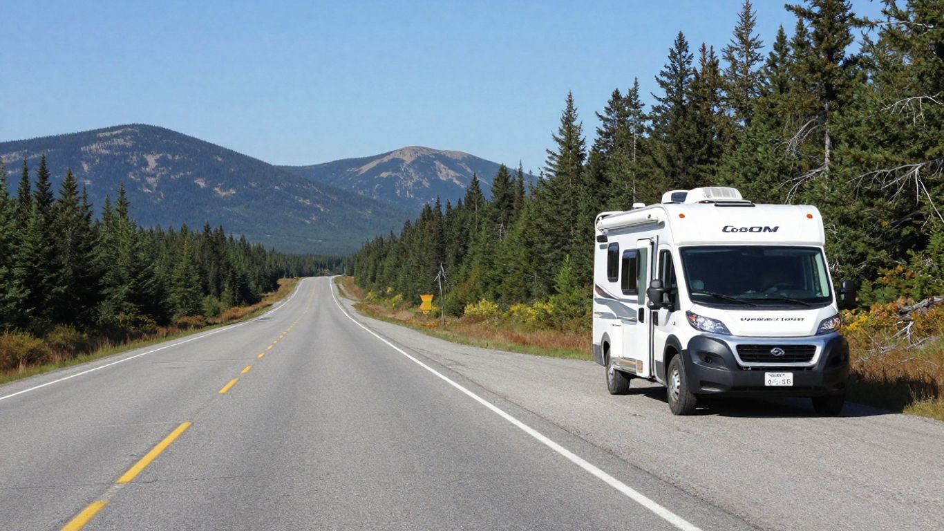 RV on a scenic Canadian highway with mountains.