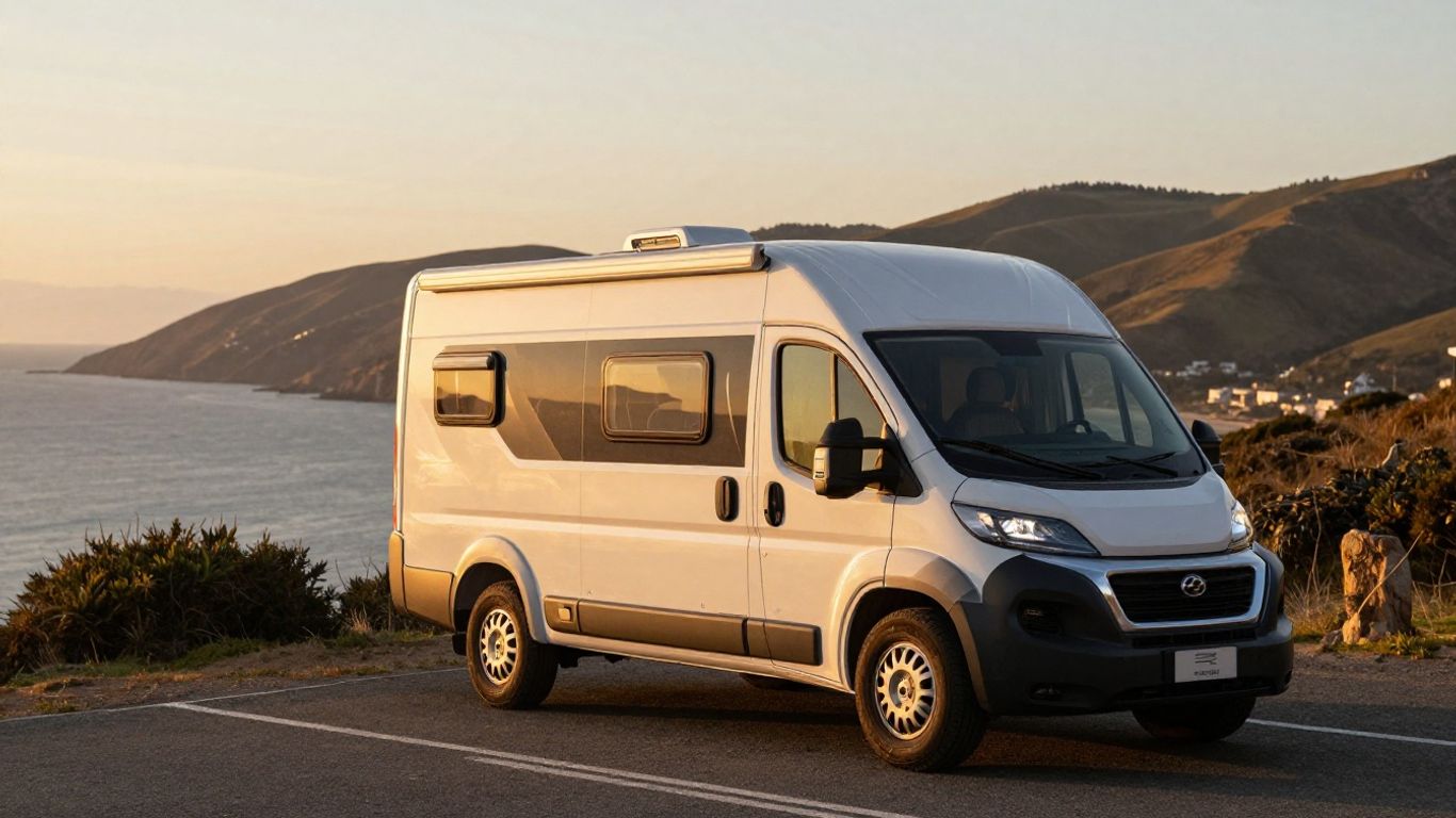 Motorhome parked on scenic coastal road at sunset.