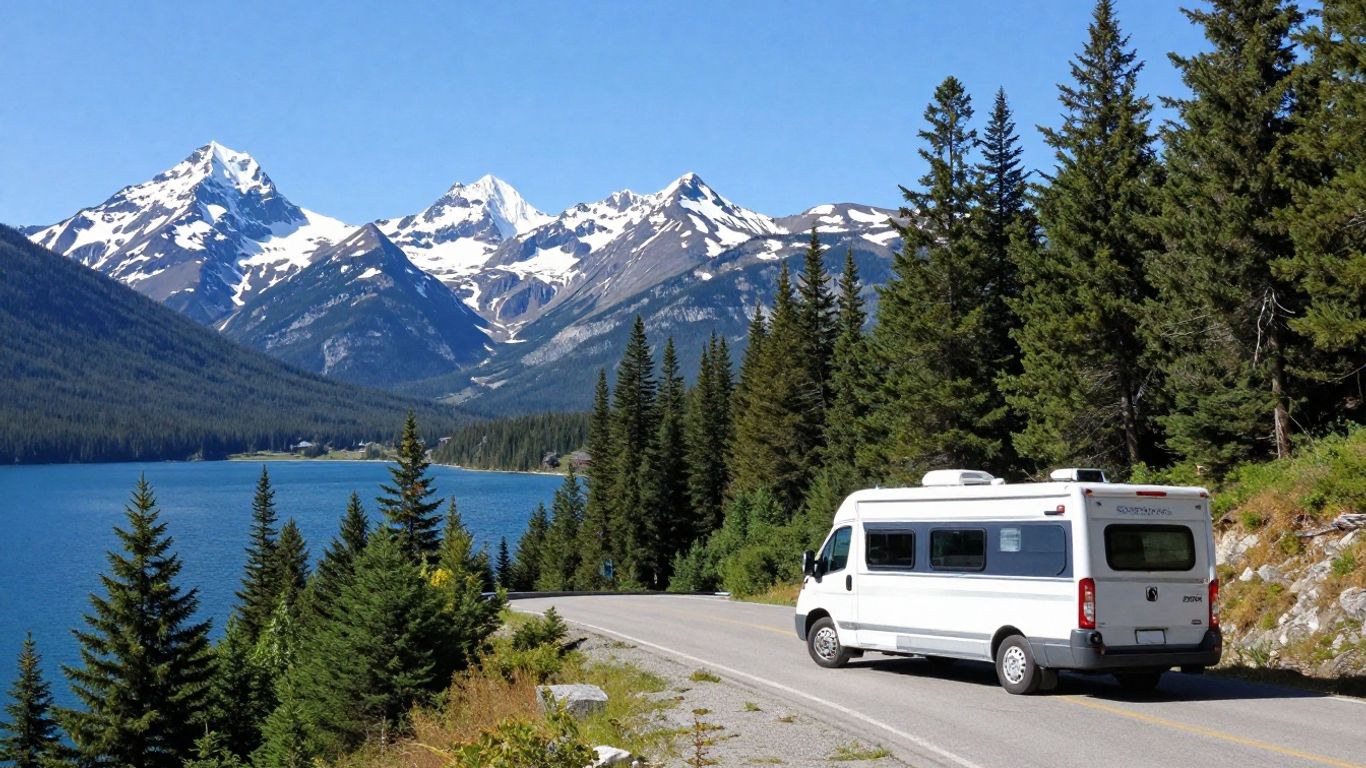 Motorhome by Canadian lake with mountains and pine trees