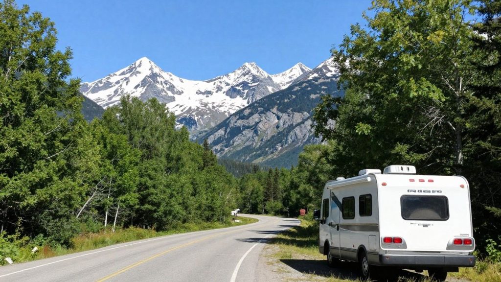 RV parked in a beautiful Canadian mountain landscape.