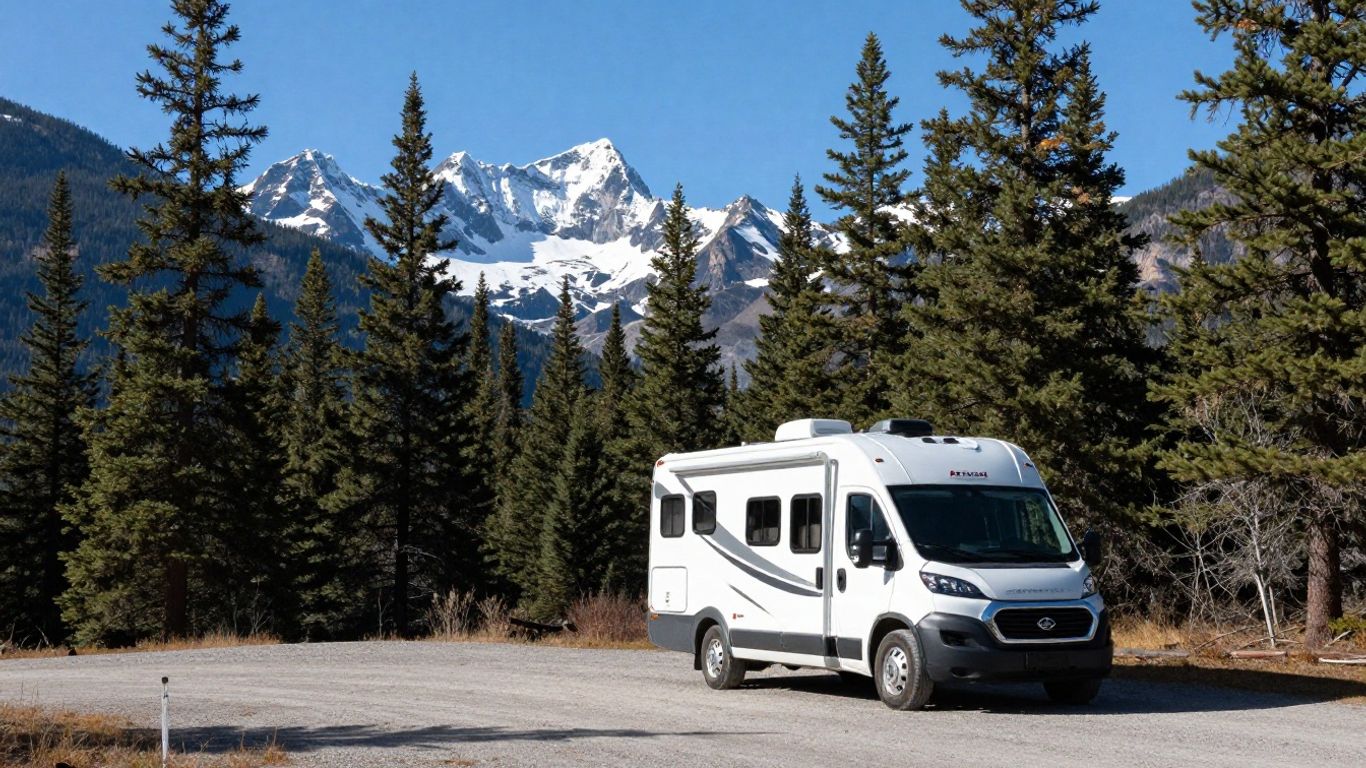 RV parked in scenic Canadian mountains, travel costs.