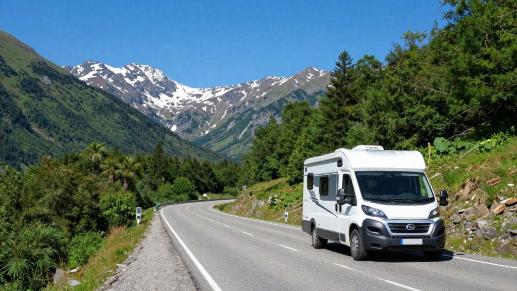 Motorhome on Alaska Highway with mountains.