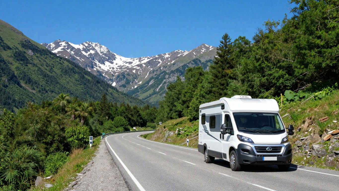 Motorhome on Alaska Highway with mountains.