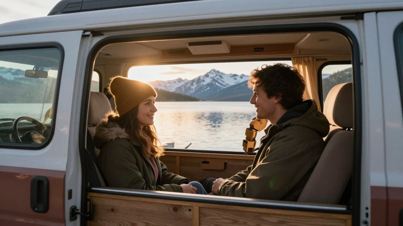 Couple in campervan with Canadian mountain lake view.