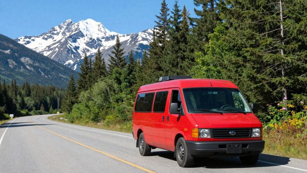 Campervan driving on a scenic Canadian highway with mountains.