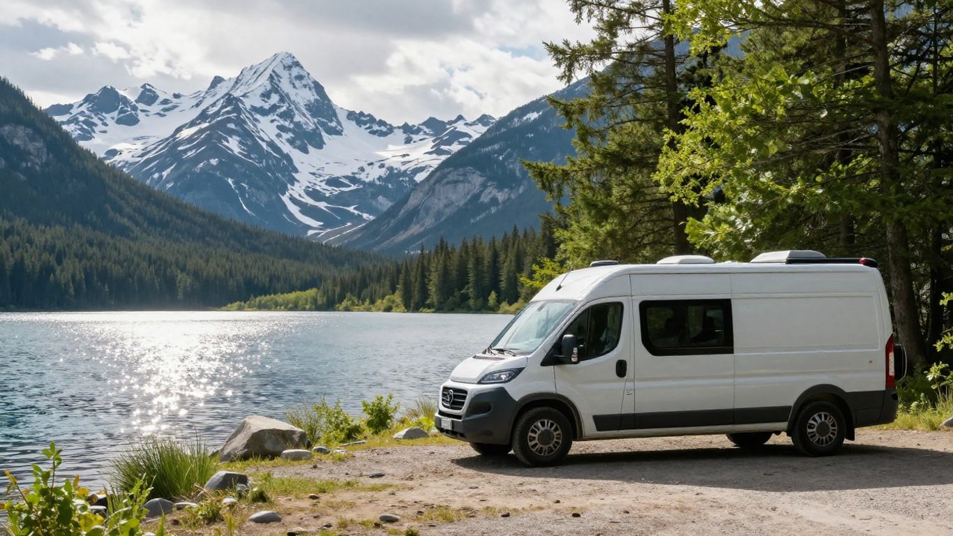 Campervan by a lake in the Canadian mountains.