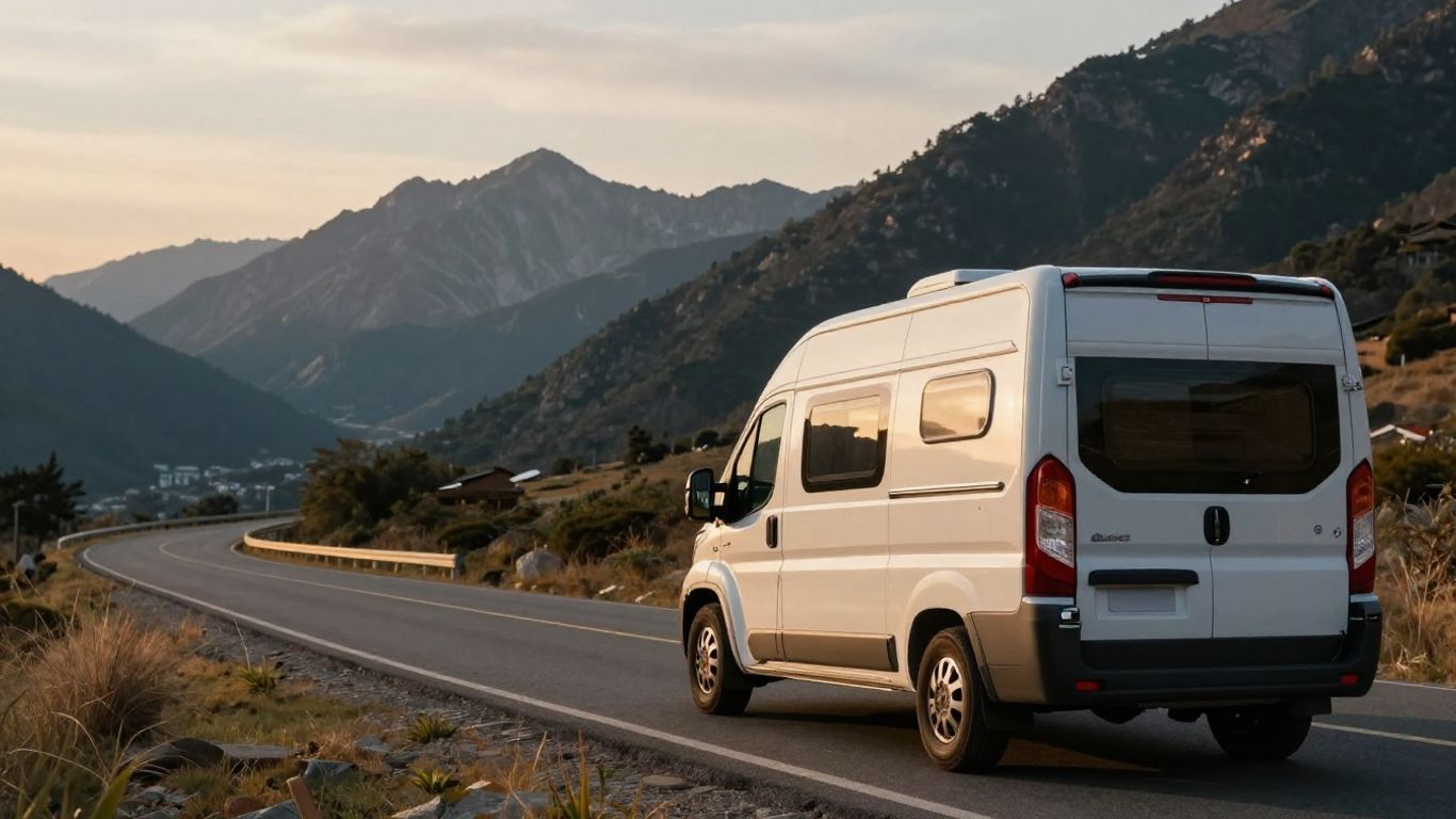 Motorhome on a scenic road at sunset.