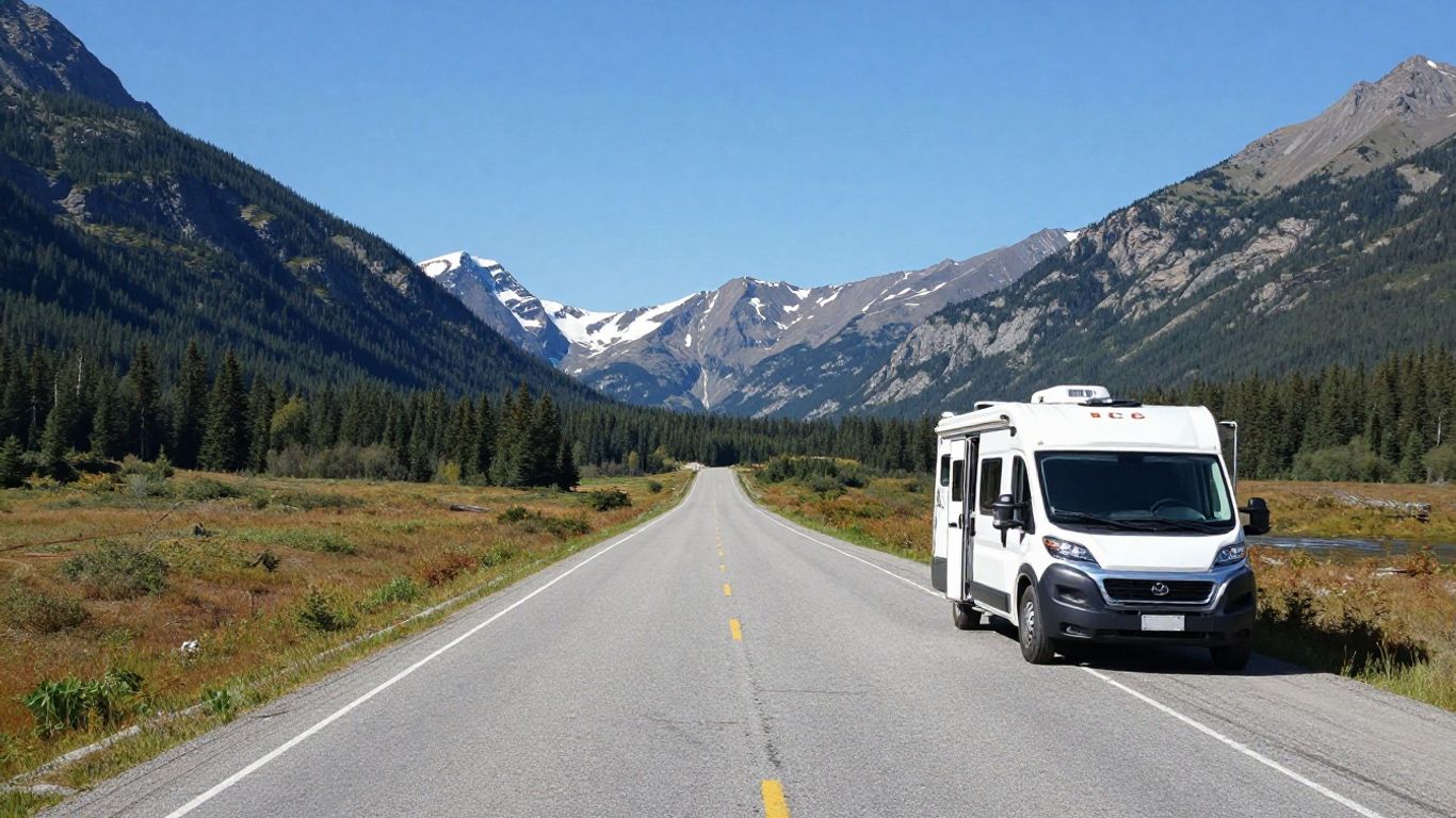 RV on a scenic Canadian highway with mountains.