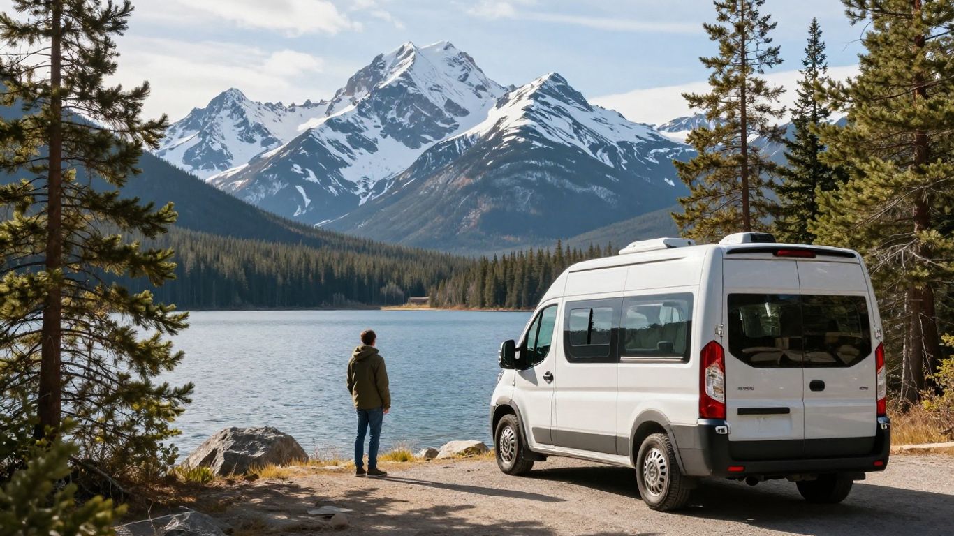 Campervan in scenic Canadian wilderness with mountains.