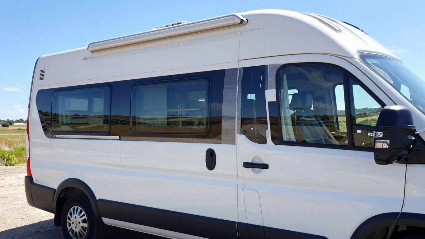 New motorhome parked outdoors under a sunny sky.
