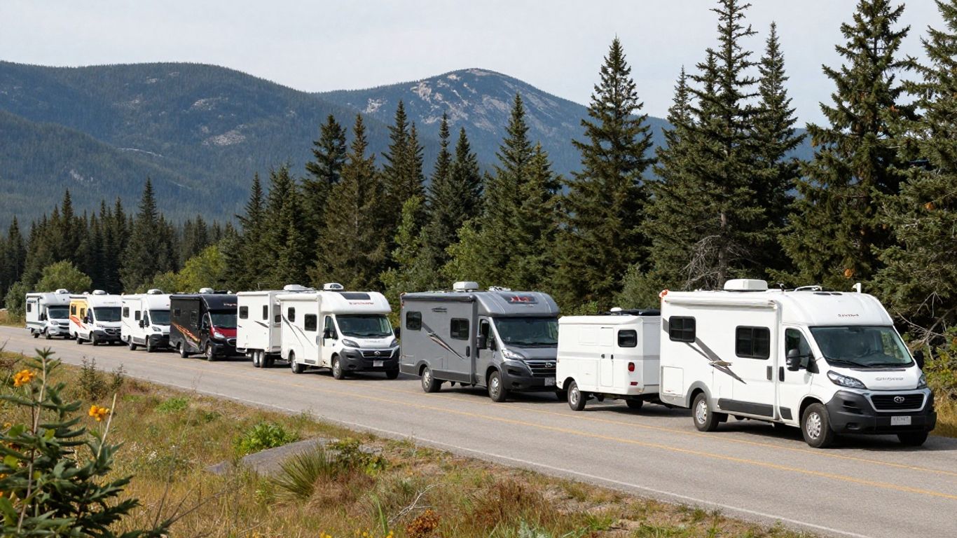 Various motorhomes parked on a scenic Canadian road.