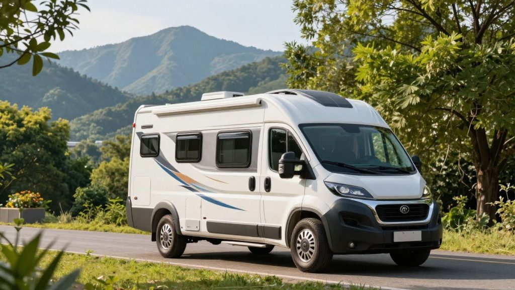 Modern RV parked roadside with scenic mountain backdrop.