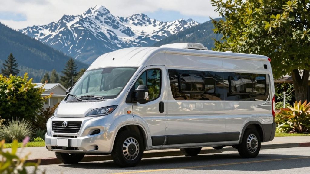 Motorhome parked in Vancouver with mountains behind.