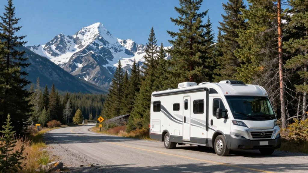 RV parked in scenic Canadian mountains with pine trees.