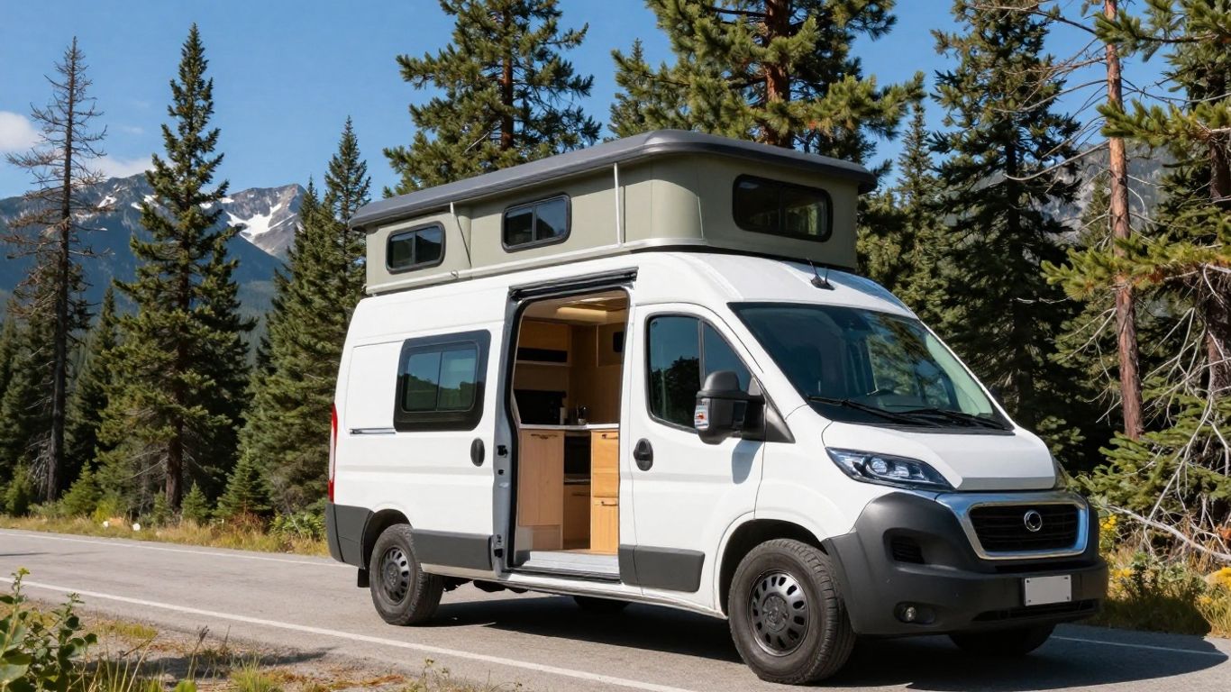 Campervan parked in scenic Canadian mountains.