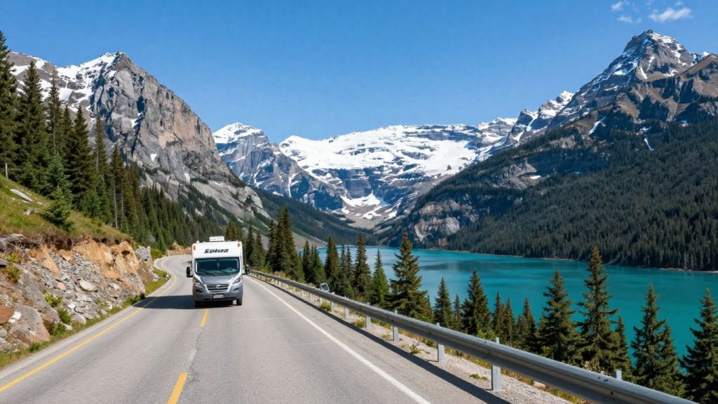 Motorhome driving on a scenic road in the Canadian Rockies.