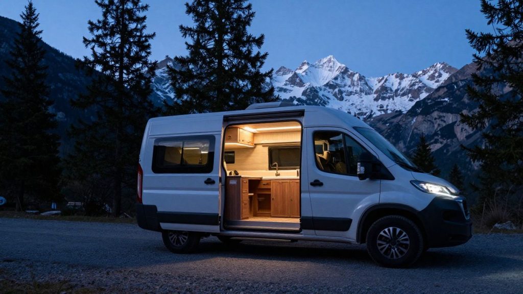 Campervan parked in a scenic mountain landscape.